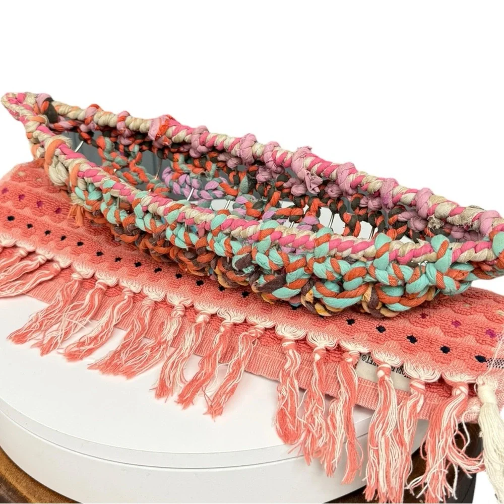 World Market Coral Cotton Towel + Boho Woven Basket Set Bath Decor Boho